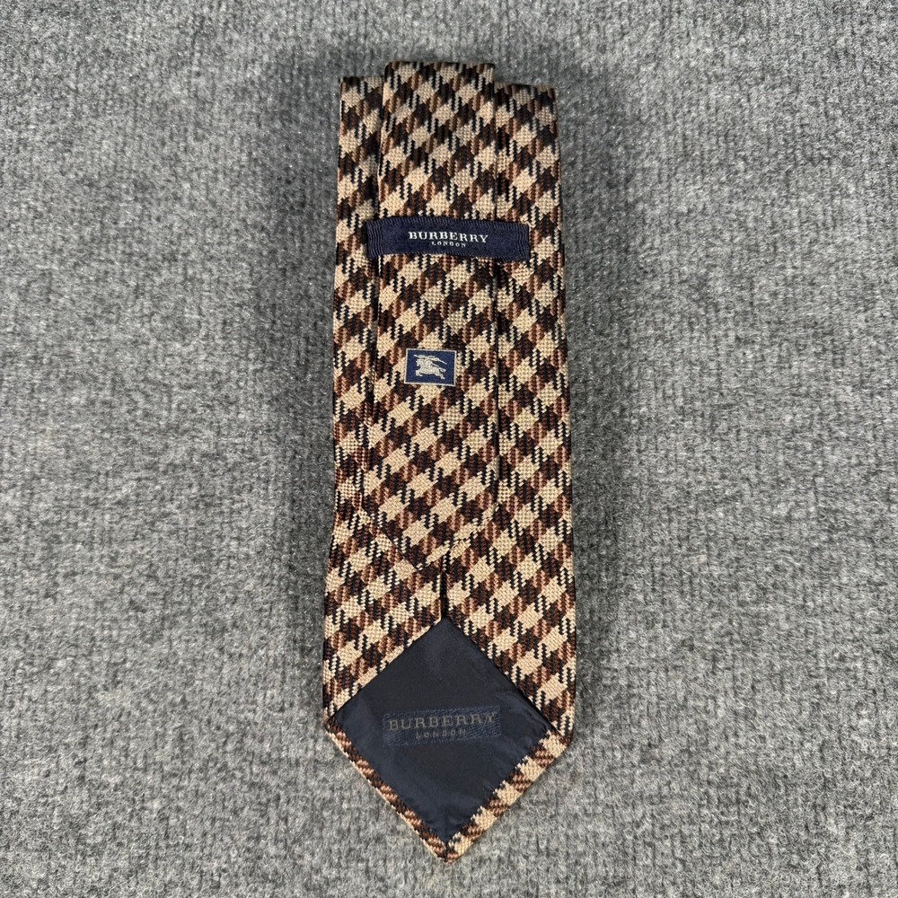 Burberry London Mens Silk Tie Brown Tan Houndstooth Check Made in Italy #4343